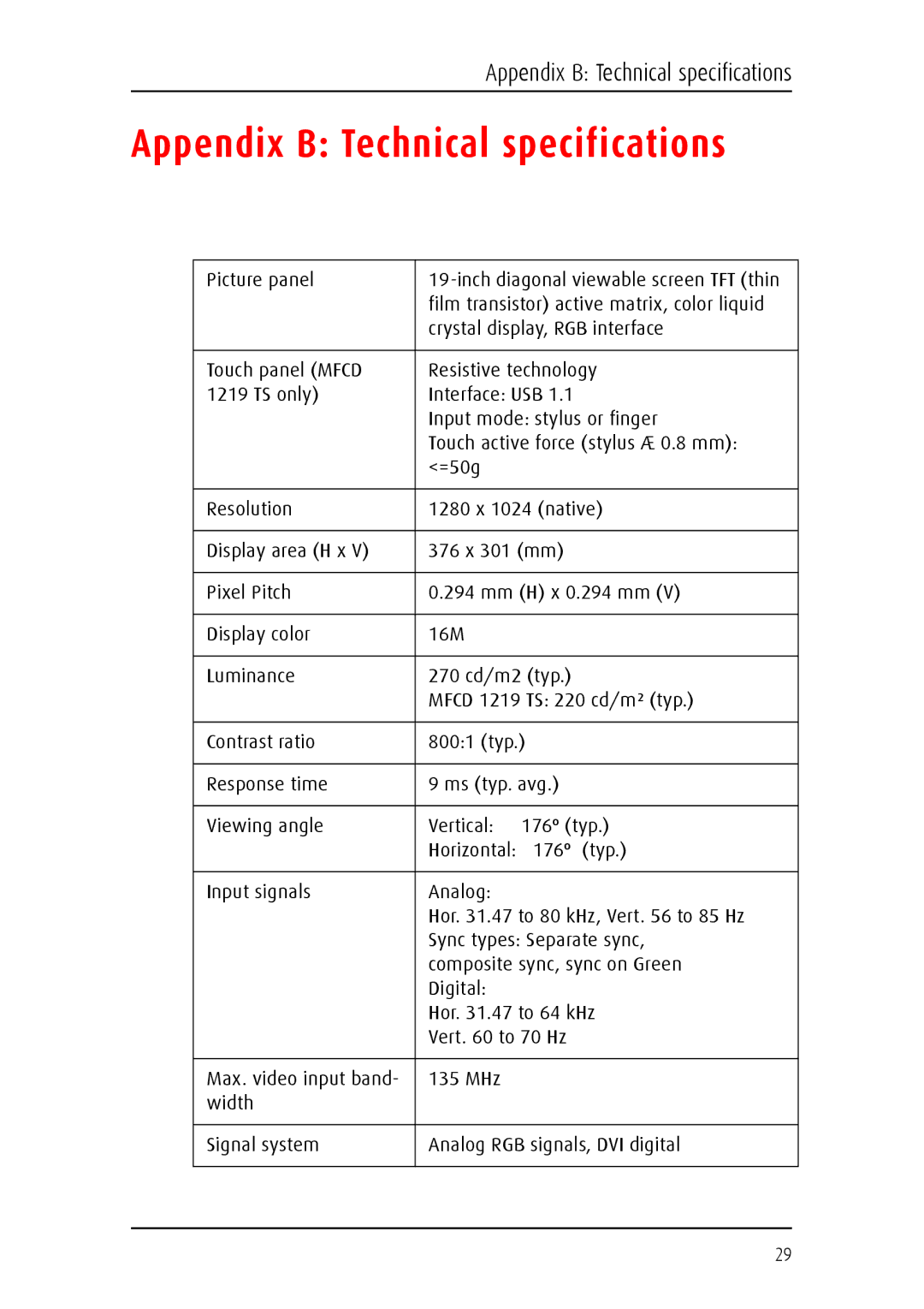 Barco 1219 user manual Appendix B Technical specifications 