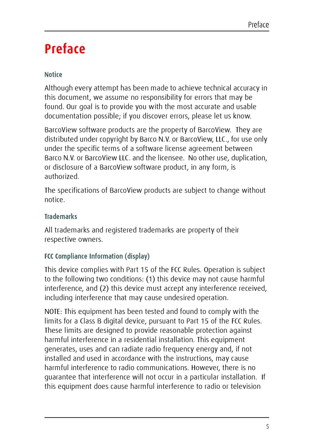 Barco 1219 user manual Preface, Trademarks, FCC Compliance Information display 