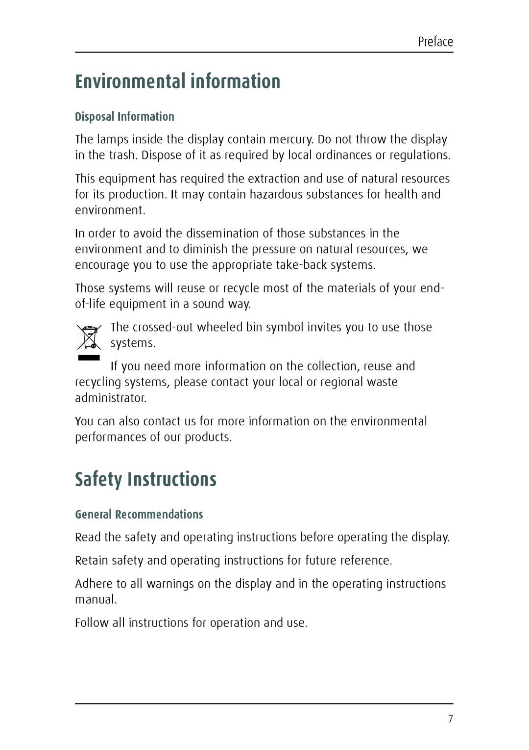 Barco 1219 user manual Environmental information, Safety Instructions, Disposal Information, General Recommendations 