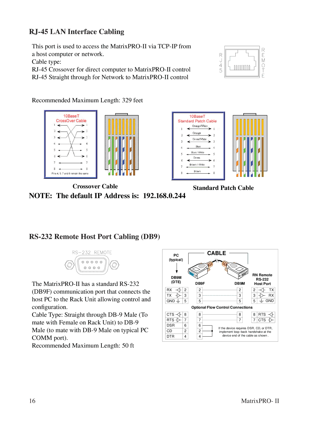 Barco 32X32, 12X8, matrixpro-II 12x8 manual RJ-45 LAN Interface Cabling, RS-232 Remote Host Port Cabling DB9 