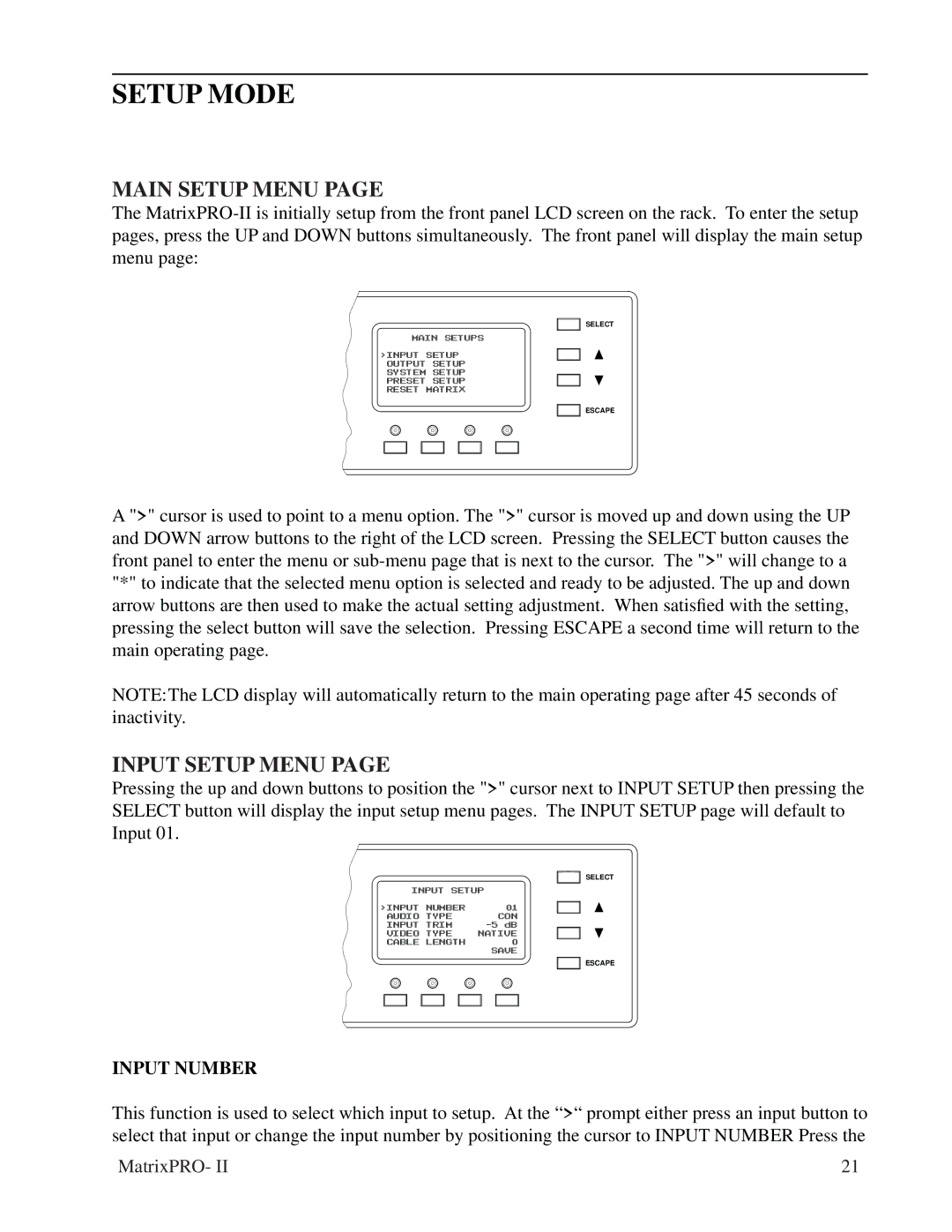 Barco 12X8, 32X32, matrixpro-II 12x8 manual Setup Mode, Main Setup Menu, Input Setup Menu, Input Number 