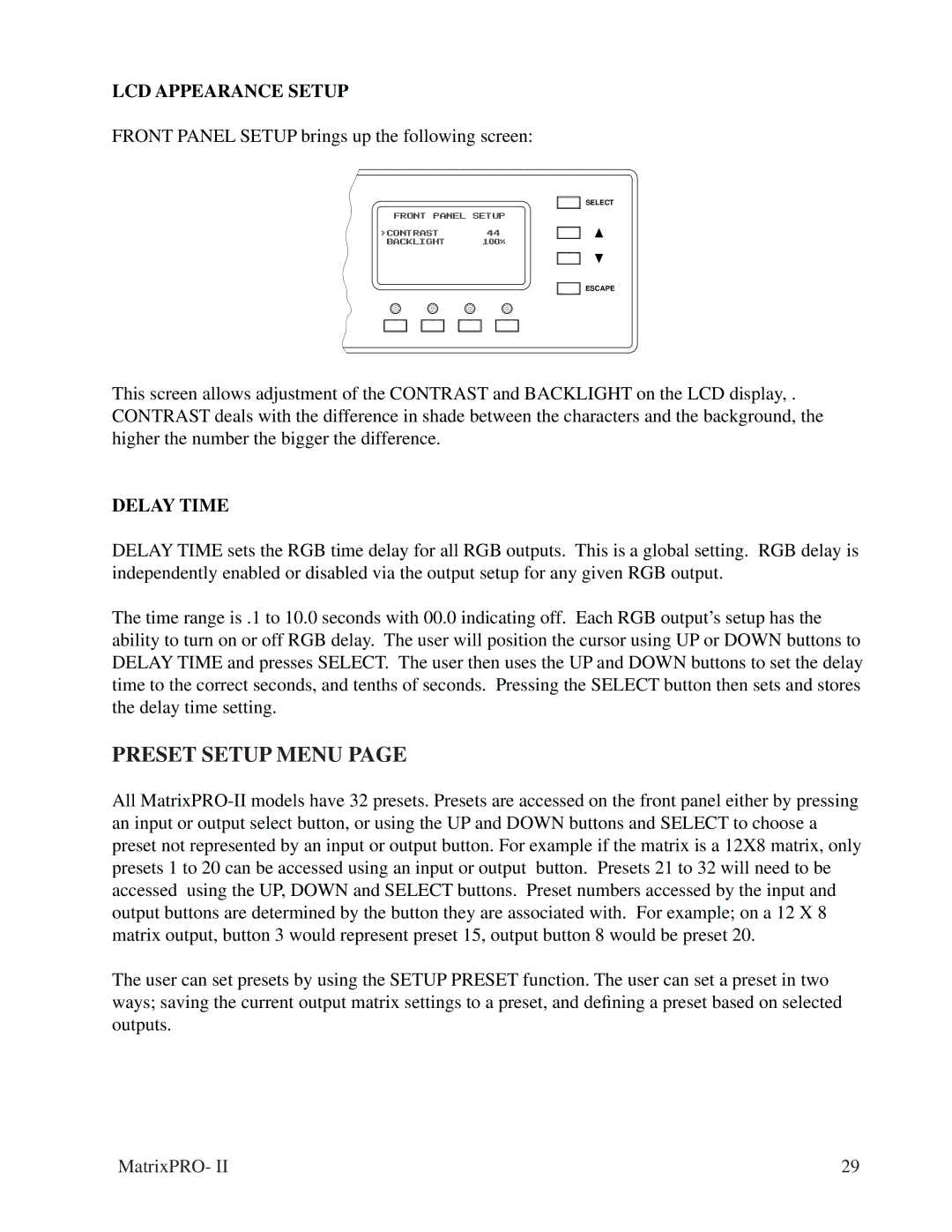 Barco matrixpro-II 12x8, 12X8, 32X32 manual Preset Setup Menu, LCD Appearance Setup, Delay Time 