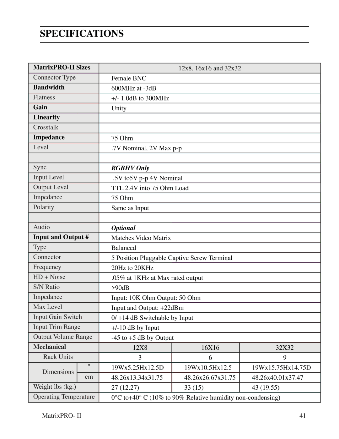 Barco matrixpro-II 12x8, 12X8, 32X32 manual Specifications, Rgbhv Only 