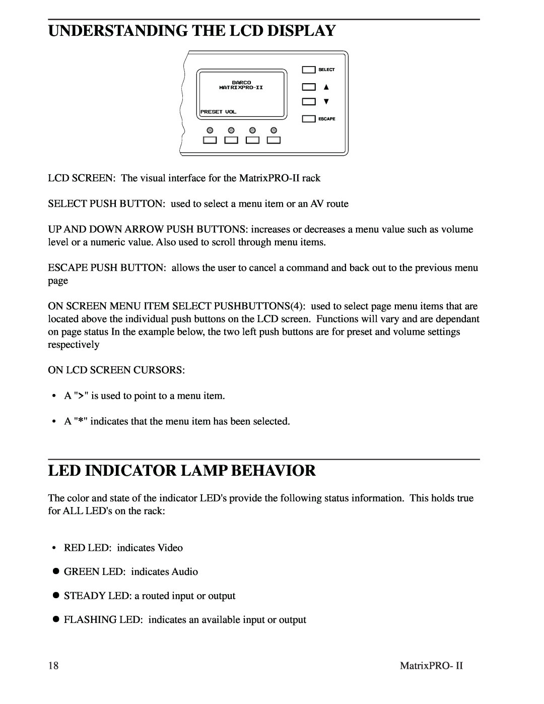 Barco 12X8, 32X32, matrixpro-II 12x8 manual Understanding The Lcd Display, Led Indicator Lamp Behavior 