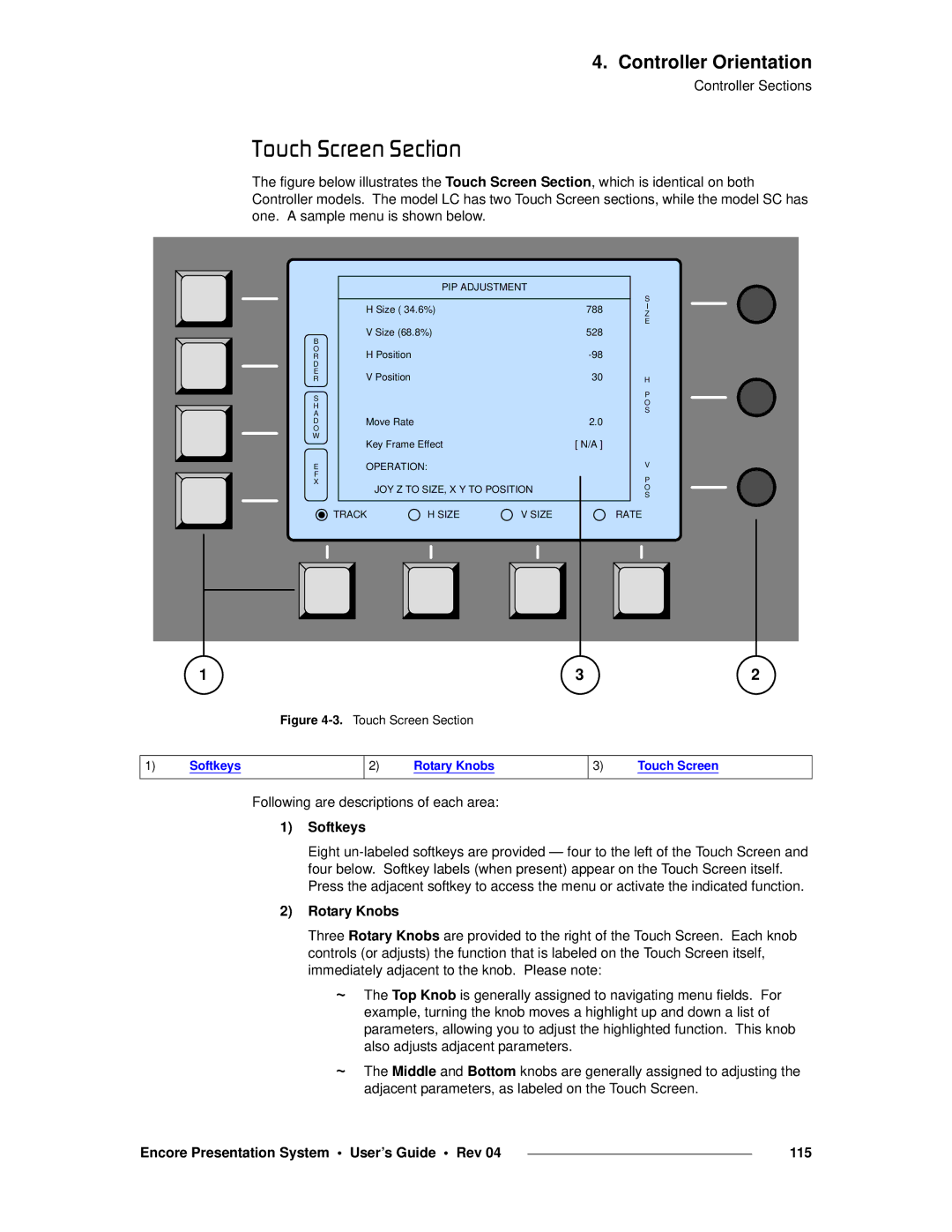 Barco 26-0313000-00 manual QçìÅÜ=pÅêÉÉå=pÉÅíáçå, Softkeys, Rotary Knobs, Encore Presentation System User’s Guide Rev 115 