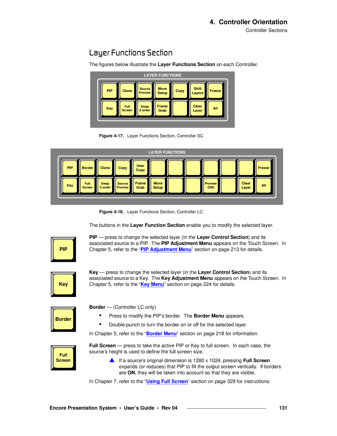 Barco 26-0313000-00 manual ~óÉê=cìåÅíáçåë=pÉÅíáçå, Key, Border, Encore Presentation System User’s Guide Rev 131 