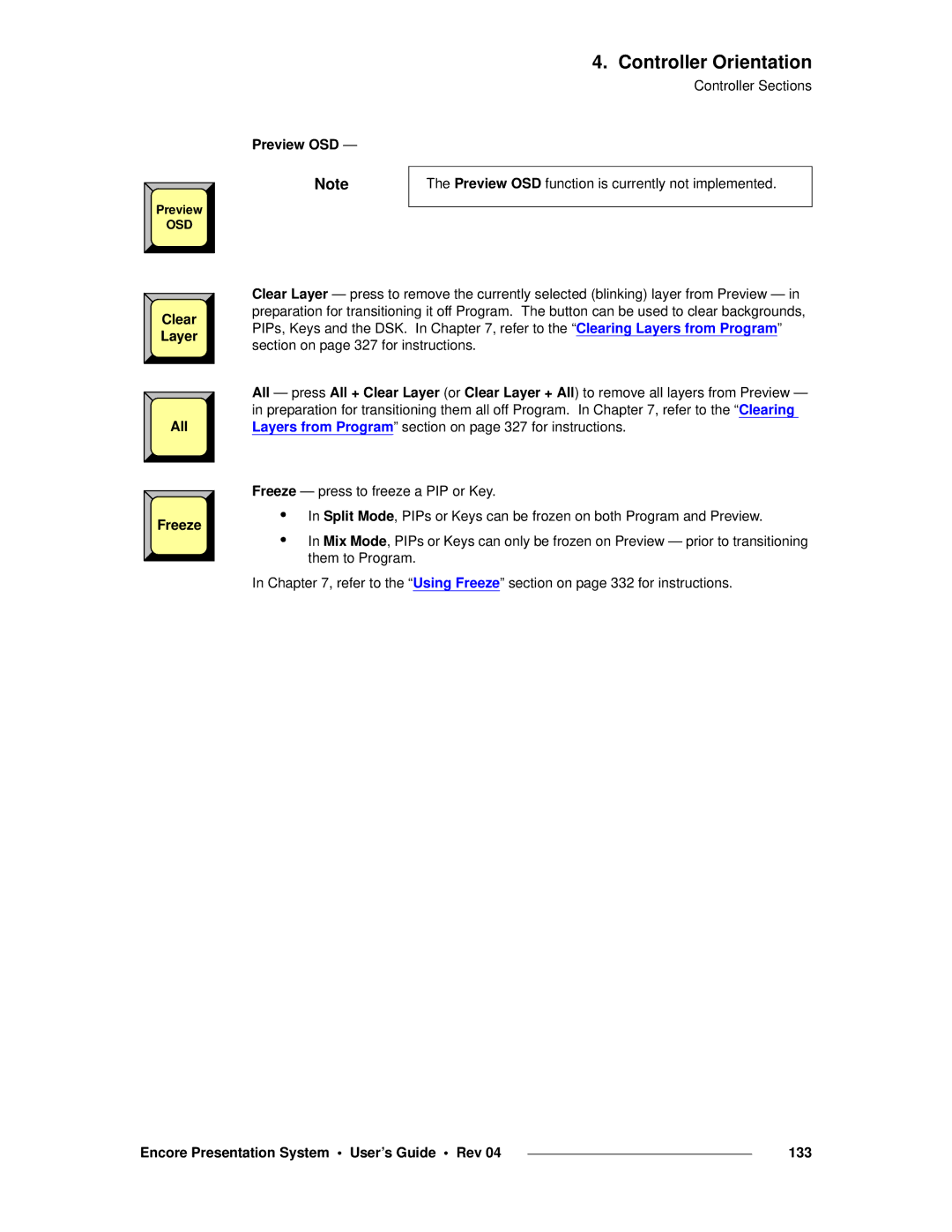 Barco 26-0313000-00 manual Preview OSD, Layer, All, Freeze, Encore Presentation System User’s Guide Rev 133 