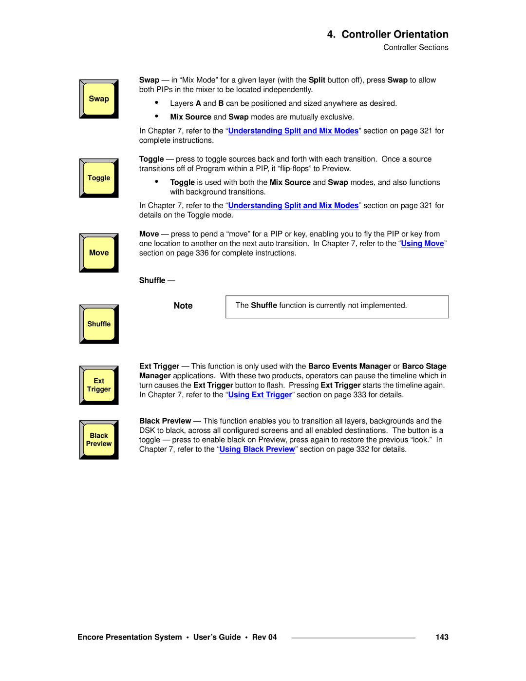 Barco 26-0313000-00 manual Shuffle, Encore Presentation System User’s Guide Rev 143 