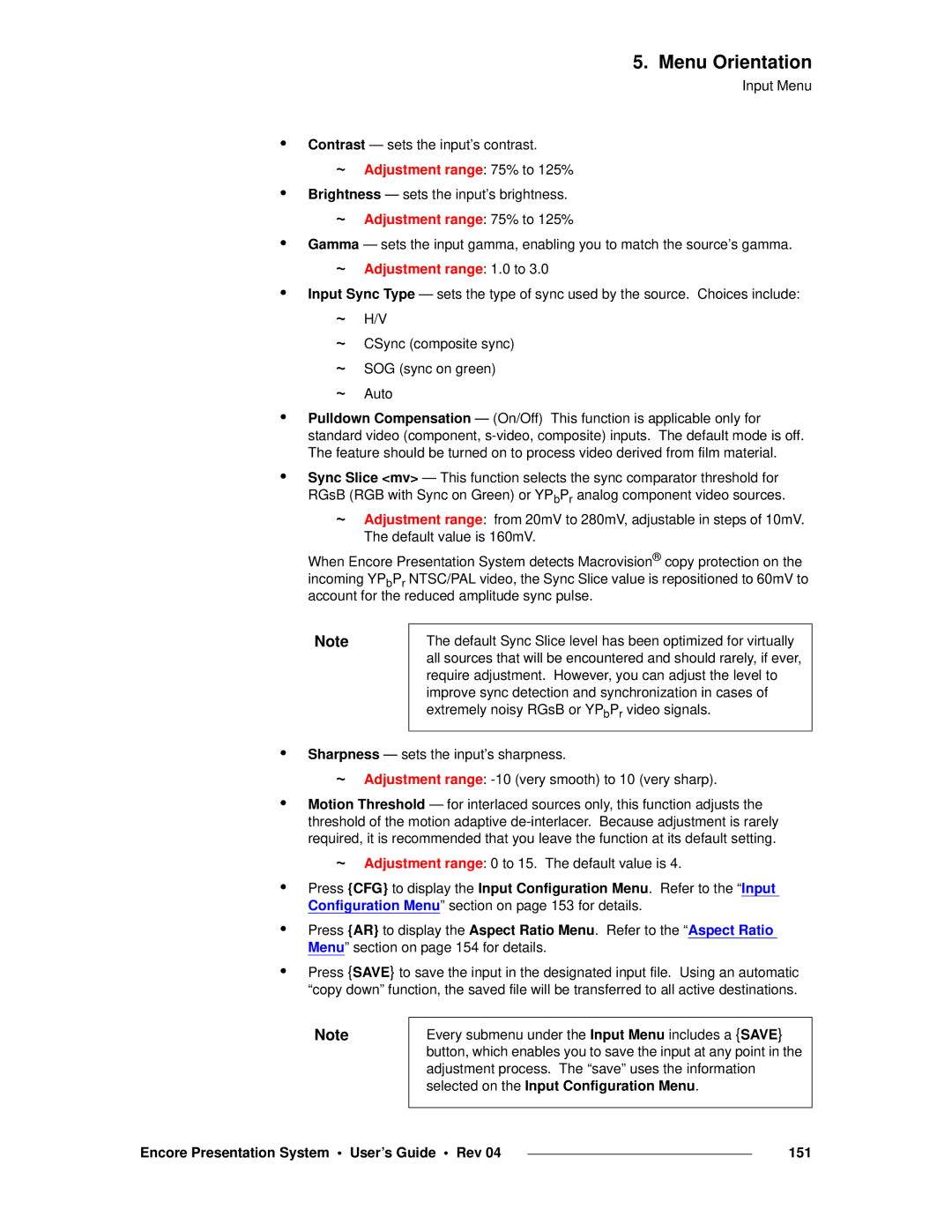 Barco 26-0313000-00 manual ~ Adjustment range 1.0 to, Encore Presentation System User’s Guide Rev 151 