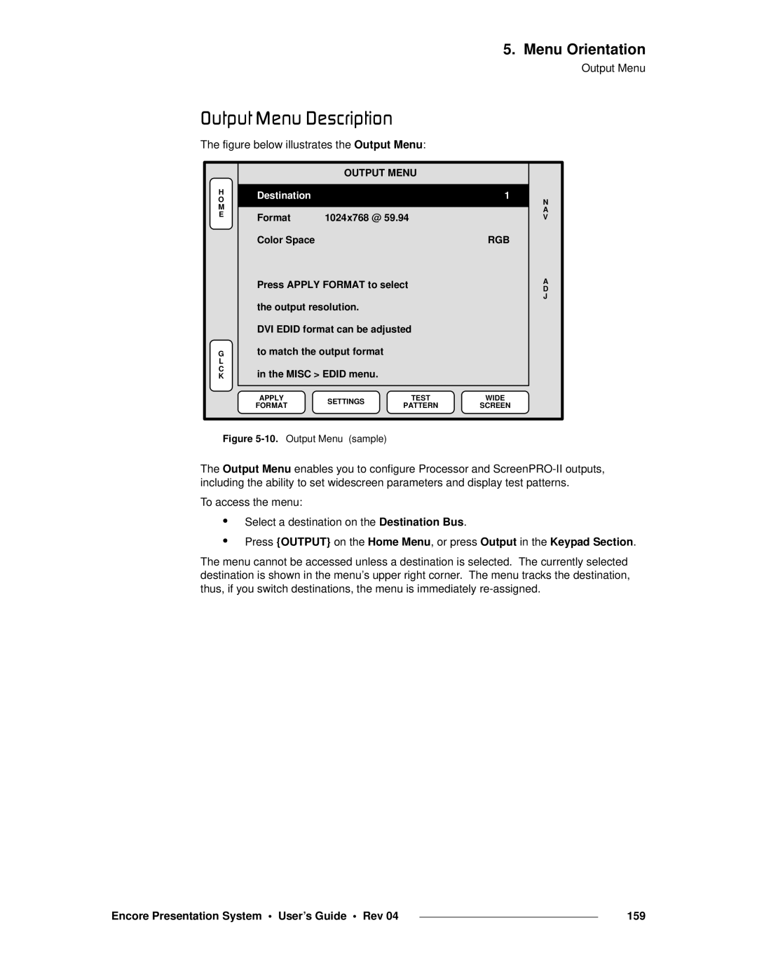 Barco 26-0313000-00 manual Lìíéìí=jÉåì=aÉëÅêáéíáçå, Encore Presentation System User’s Guide Rev 159, Output Menu 