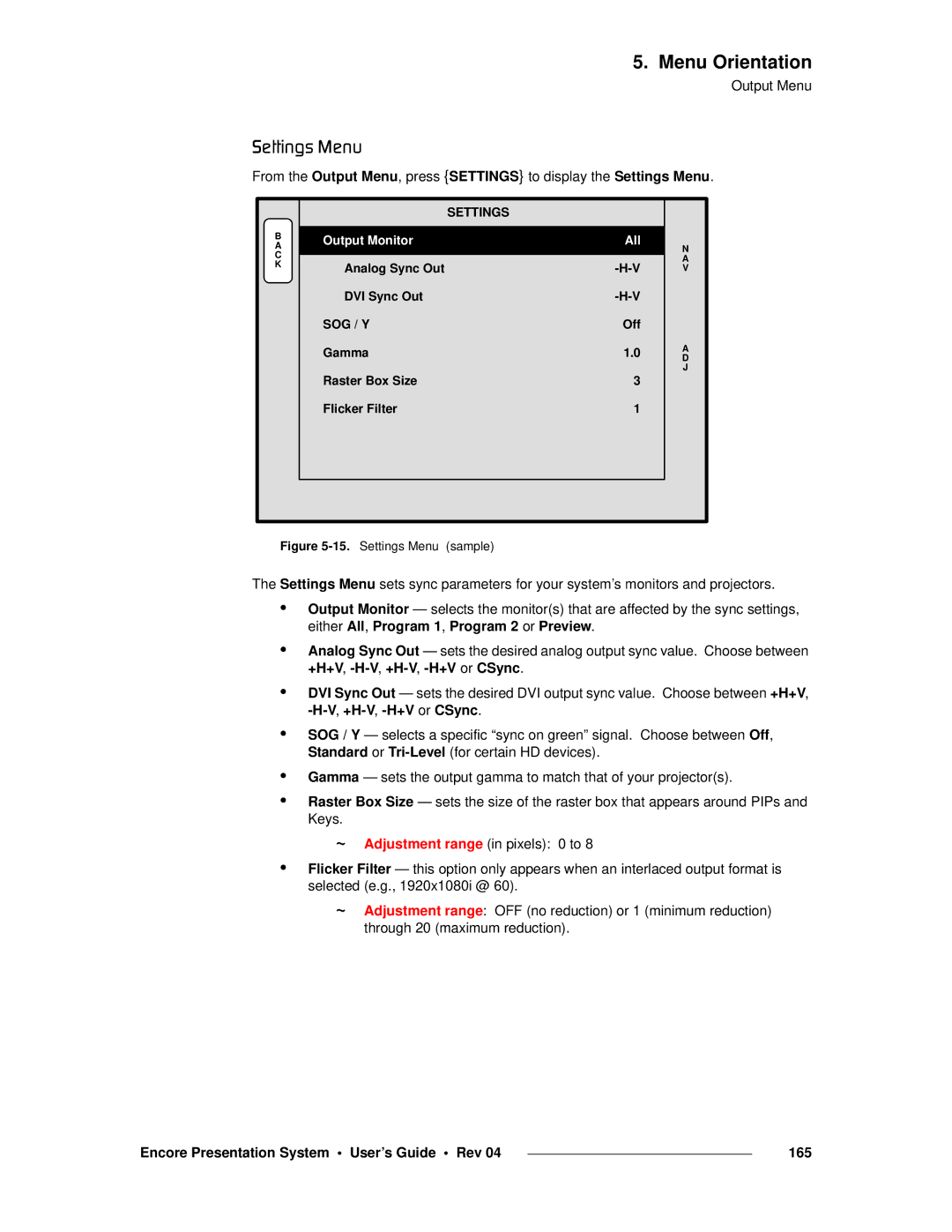 Barco 26-0313000-00 manual PÉííáåÖë=jÉåì, Encore Presentation System User’s Guide Rev 165, Settings 