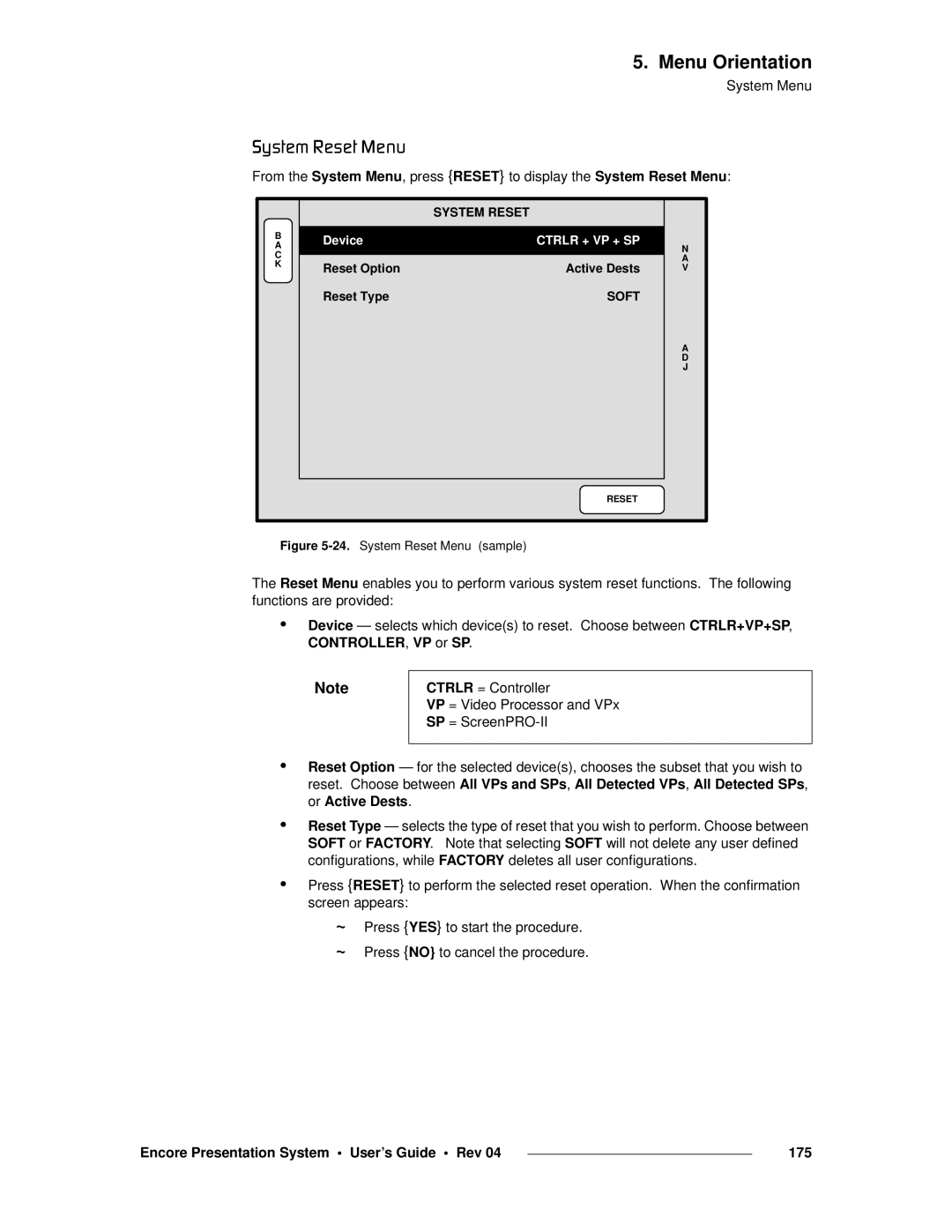 Barco 26-0313000-00 manual PóëíÉã=oÉëÉí=jÉåì, Encore Presentation System User’s Guide Rev 175, System Reset, Soft 