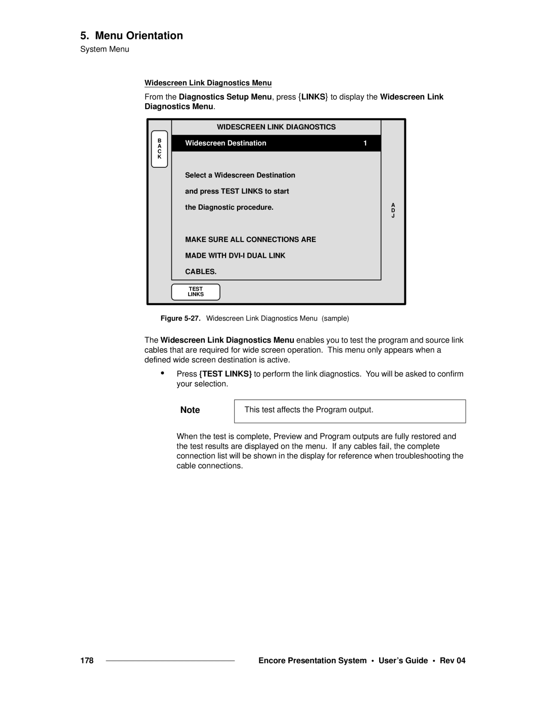 Barco 26-0313000-00 manual Widescreen Link Diagnostics Menu sample 