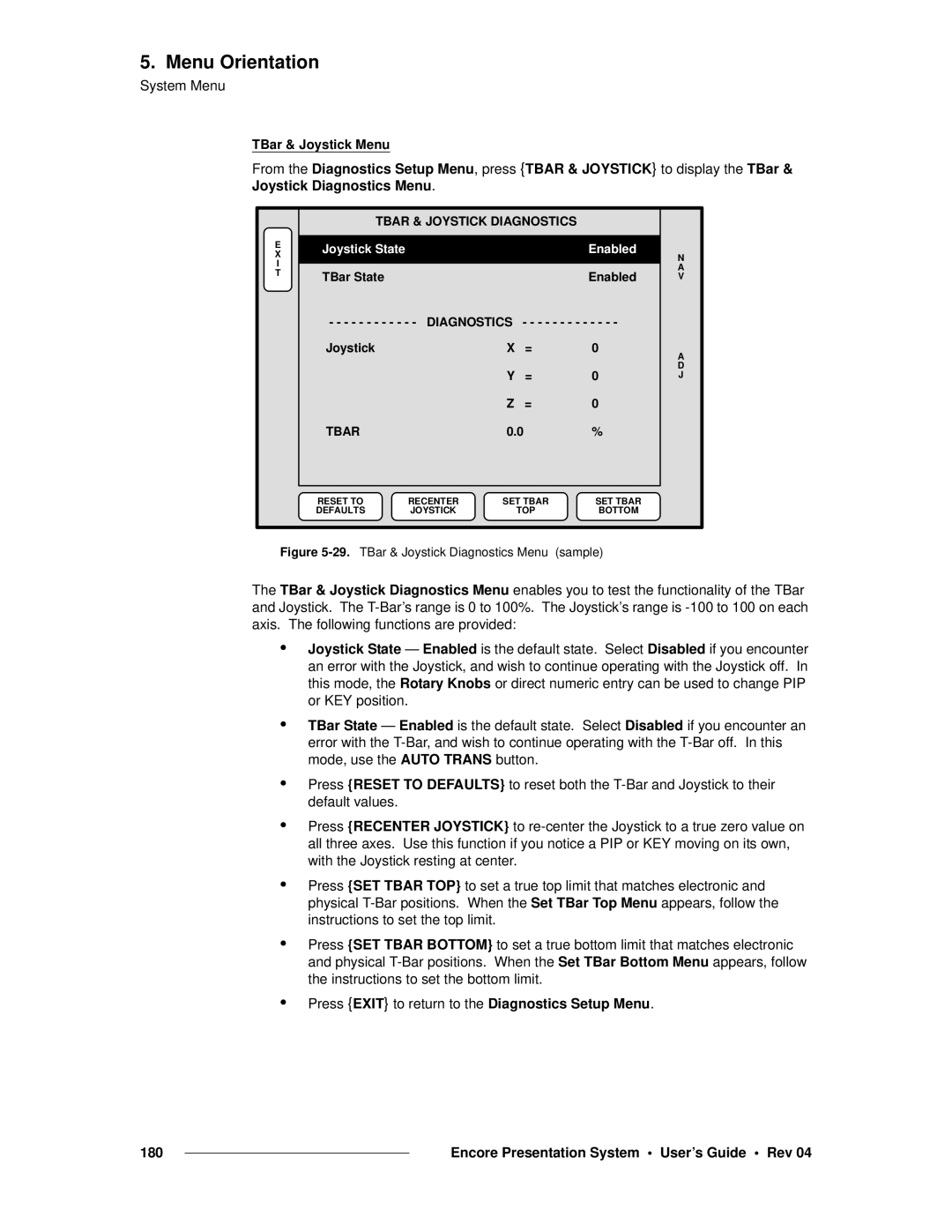 Barco 26-0313000-00 manual Press Exit to return to the Diagnostics Setup Menu, Tbar & Joystick Diagnostics 