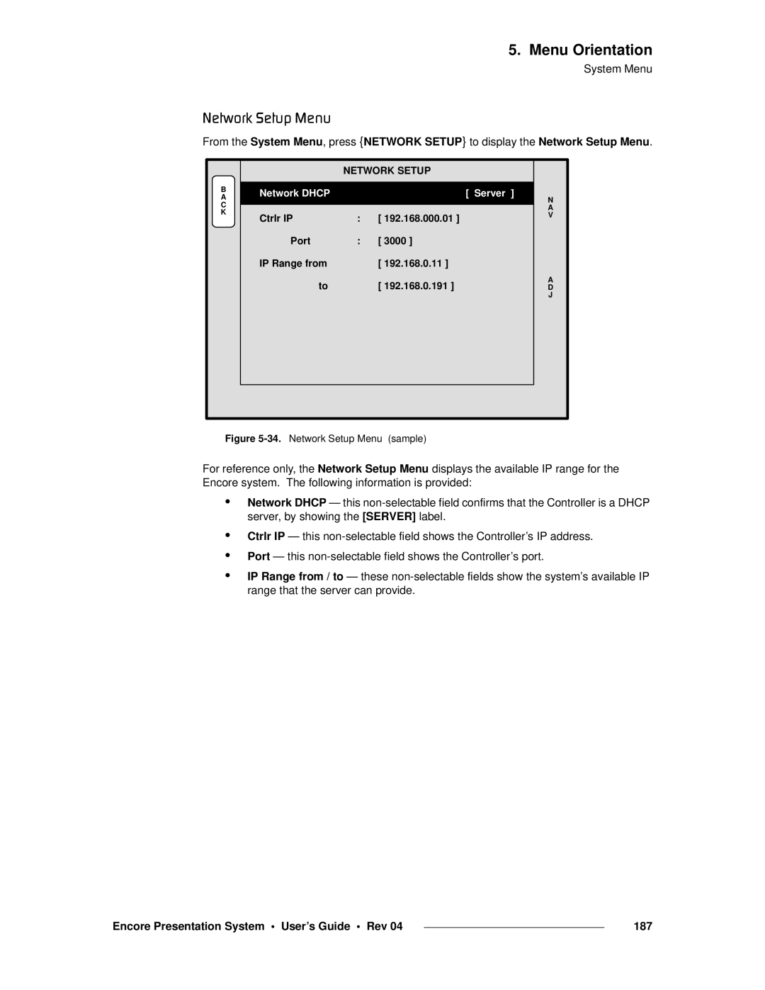 Barco 26-0313000-00 manual KÉíïçêâ=pÉíìé=jÉåì, Encore Presentation System User’s Guide Rev 187, Network Setup 