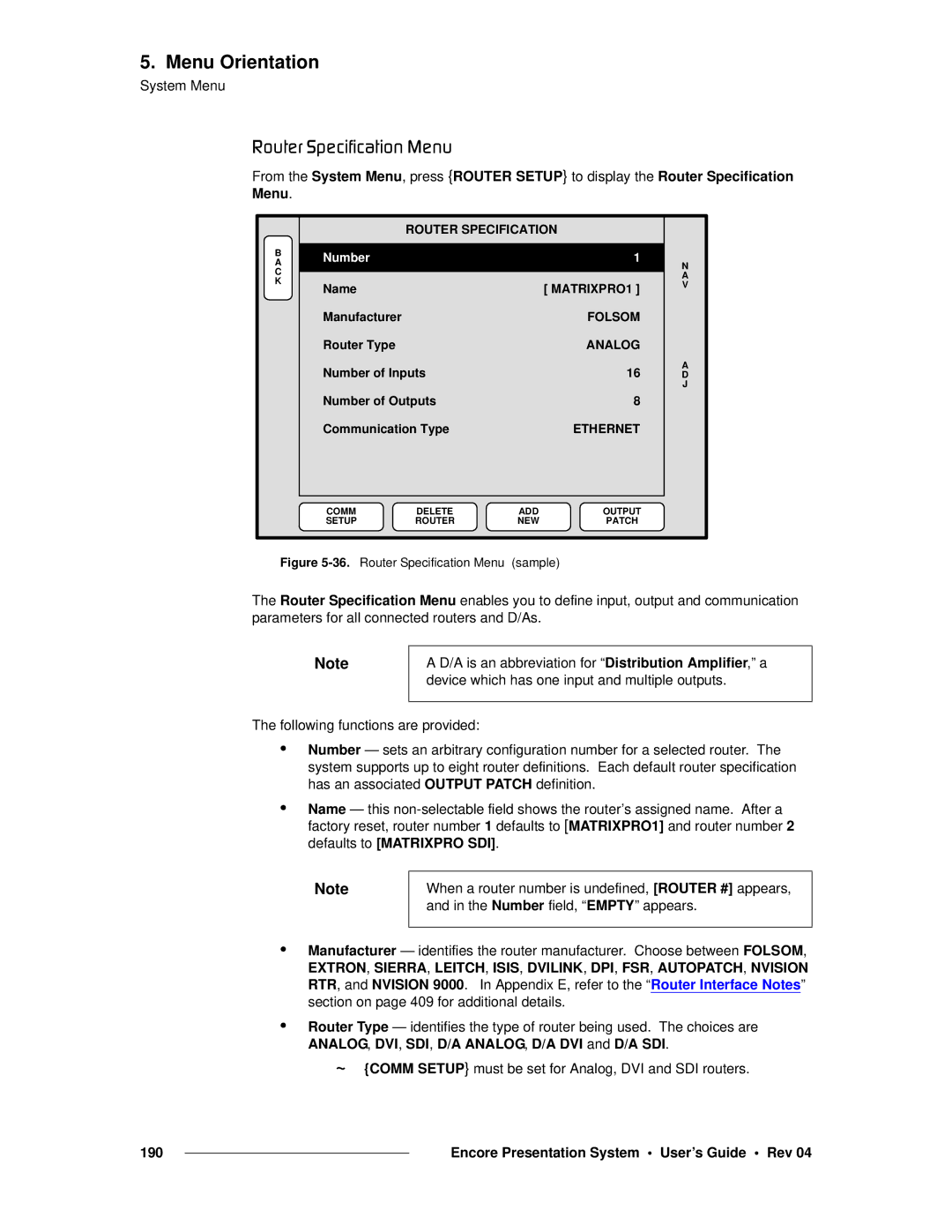 Barco 26-0313000-00 manual OçìíÉê=péÉÅáÑáÅ~íáçå=jÉåì, Router Specification, Folsom, Analog, Ethernet 