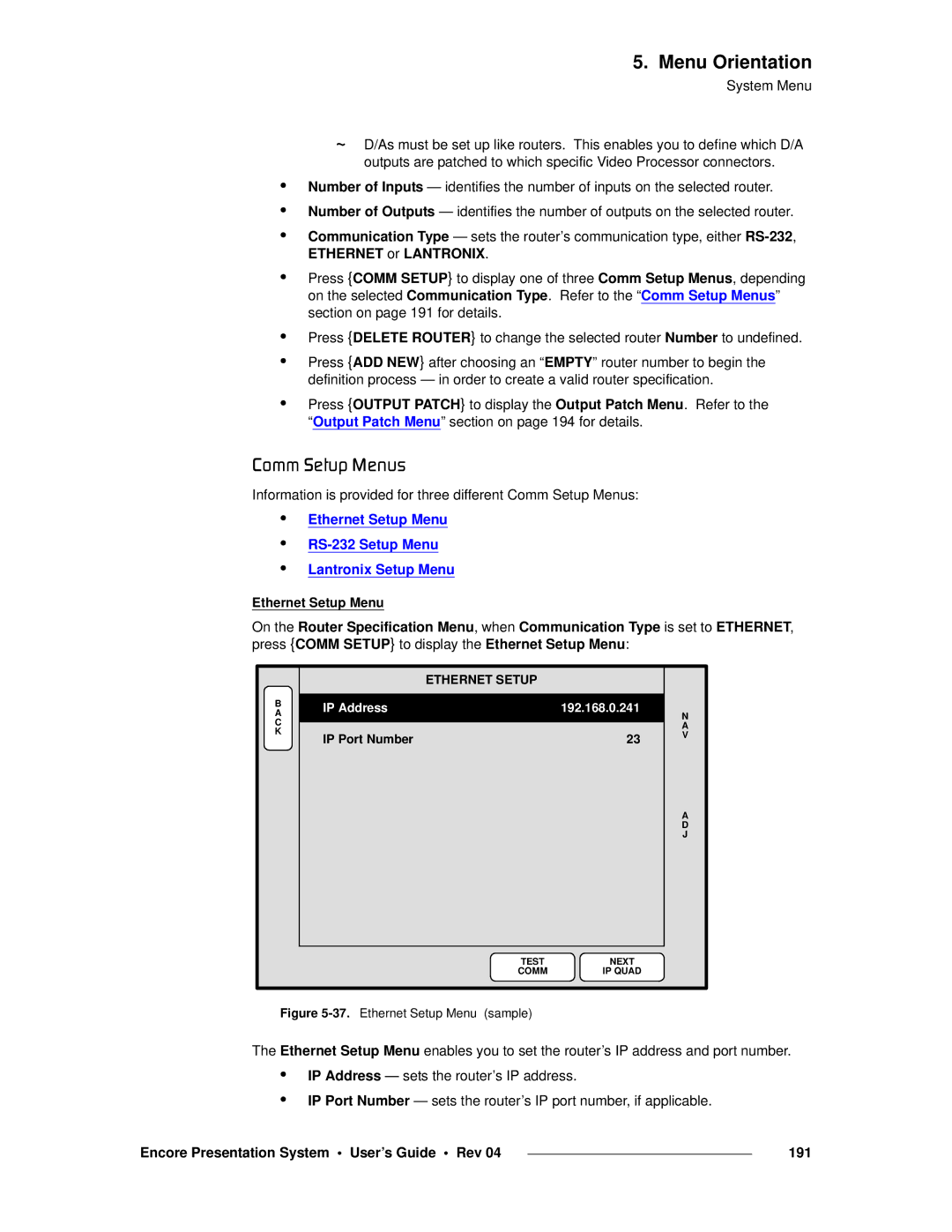 Barco 26-0313000-00 manual `çãã=pÉíìé=jÉåìë, Encore Presentation System User’s Guide Rev 191, Ethernet Setup 