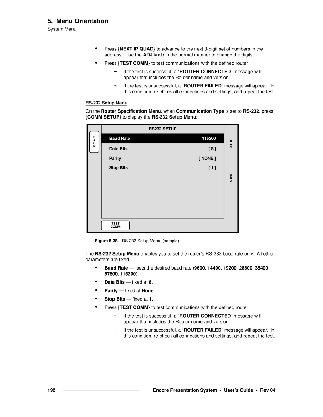 Barco 26-0313000-00 manual RS232 Setup, RS-232 Setup Menu sample 