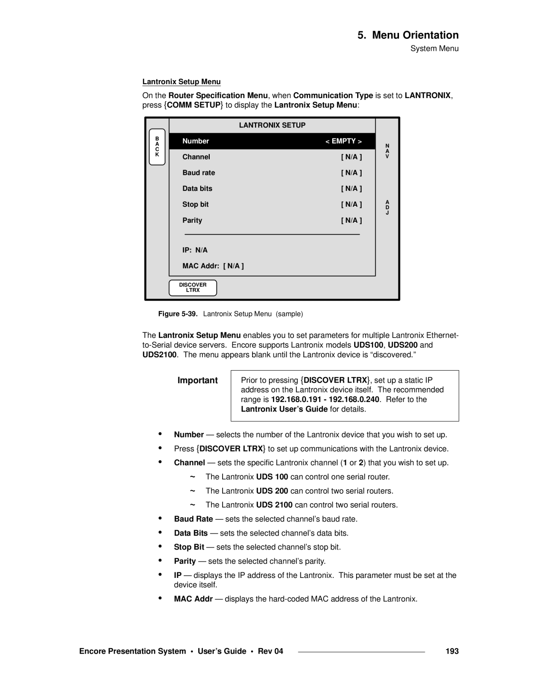 Barco 26-0313000-00 manual Encore Presentation System User’s Guide Rev 193, Lantronix Setup, Ip N/A 