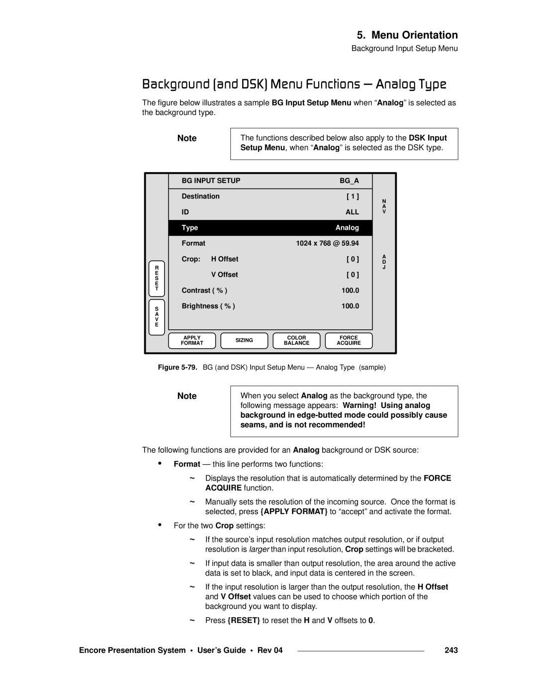 Barco 26-0313000-00 manual ~ÅâÖêçìåÇ=E~åÇ=aphF=jÉåì=cìåÅíáçåë=Ô=å~äçÖ=qóéÉ, Encore Presentation System User’s Guide Rev 243 