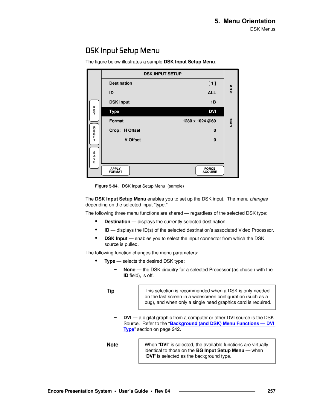 Barco 26-0313000-00 manual Aph=fåéìí=pÉíìé=jÉåì, Encore Presentation System User’s Guide Rev 257, DSK Input Setup 