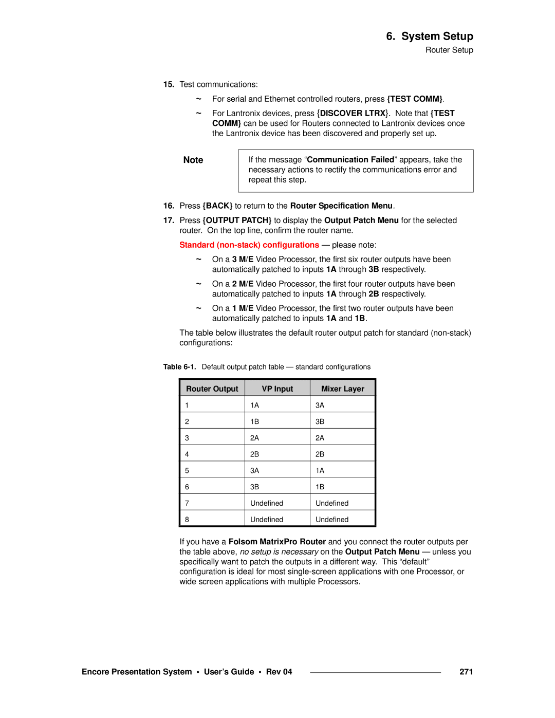 Barco 26-0313000-00 Press Back to return to the Router Specification Menu, Encore Presentation System User’s Guide Rev 271 