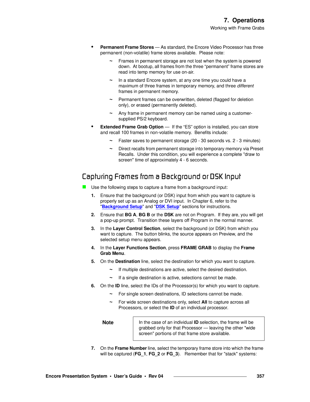 Barco 26-0313000-00 manual `~éíìêáåÖ=cê~ãÉë=Ñêçã=~=~ÅâÖêçìåÇ=çê=aph=fåéìí, Encore Presentation System User’s Guide Rev 357 