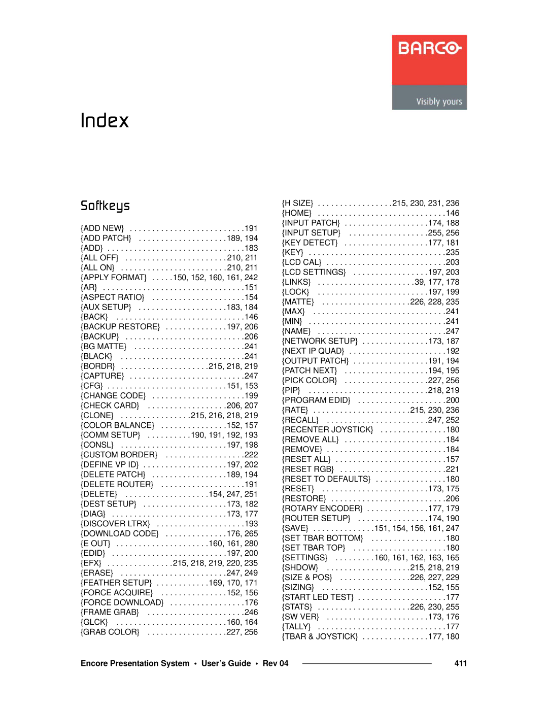 Barco 26-0313000-00 manual PçÑíâÉóë, Encore Presentation System User’s Guide Rev 411 