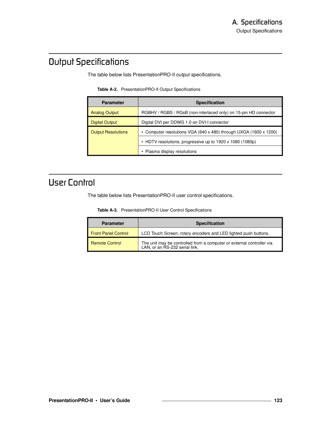 Barco 26-0405000-00 manual Lìíéìí=péÉÅáÑáÅ~íáçåë=, RëÉê=`çåíêçä=, PresentationPRO-II User’s Guide 123 