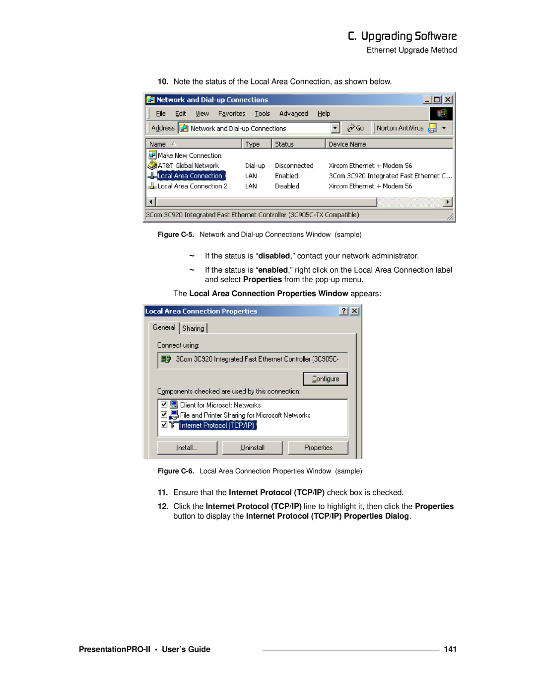 Barco 26-0405000-00 manual Local Area Connection Properties Window appears, PresentationPRO-II User’s Guide 141 