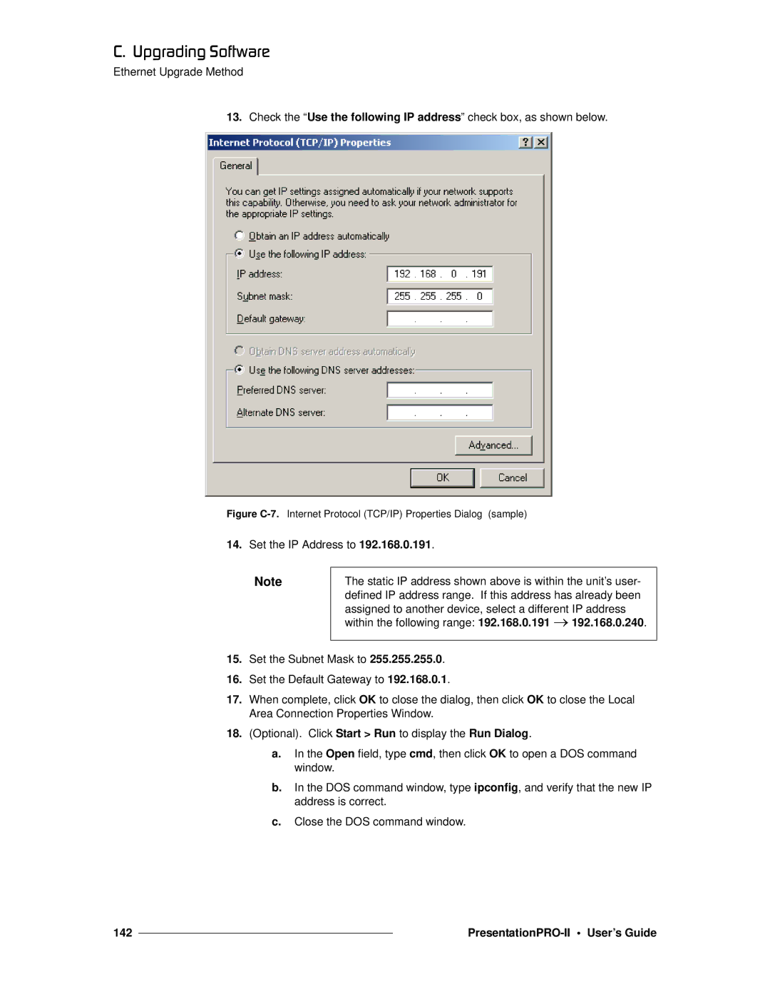 Barco 26-0405000-00 manual Set the IP Address to 