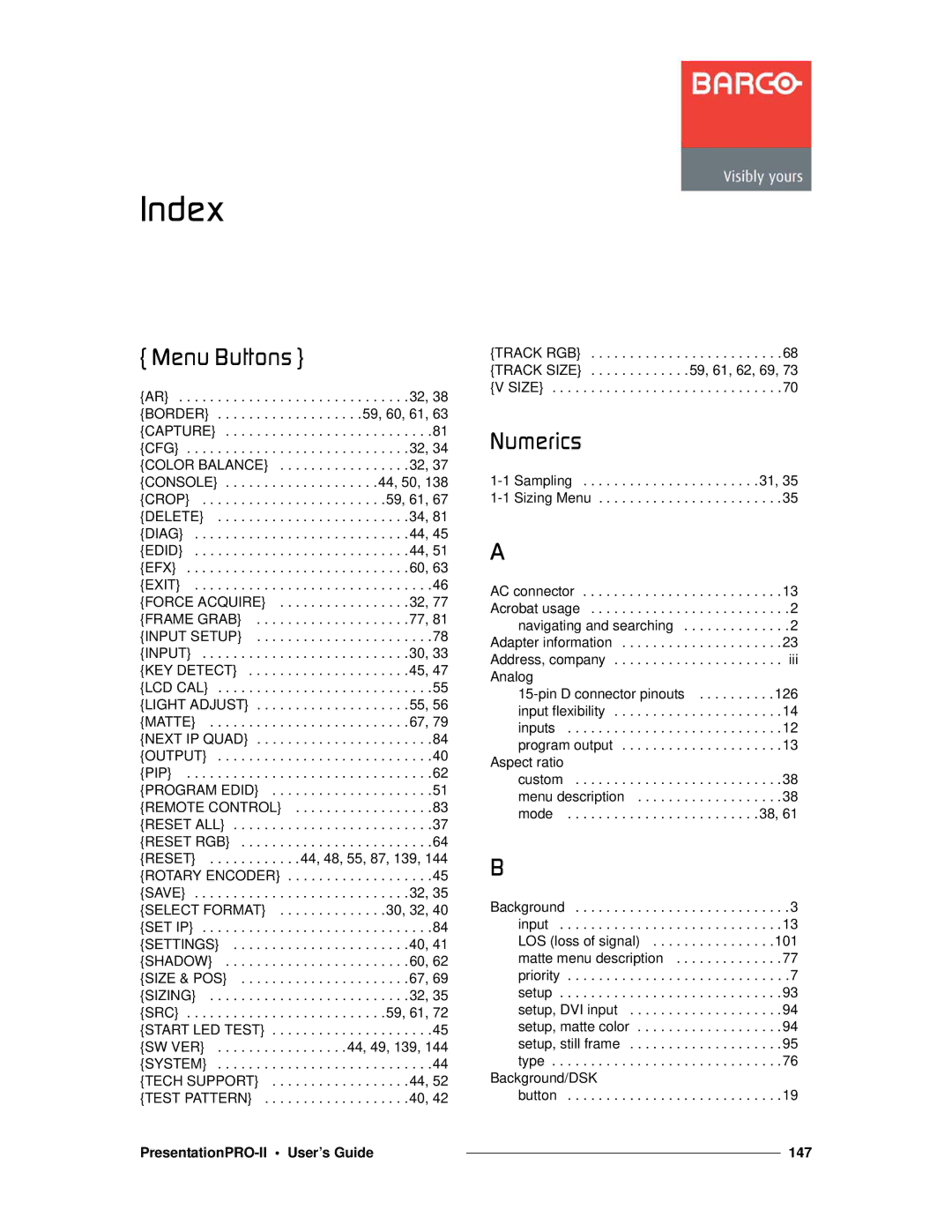 Barco 26-0405000-00 manual FåÇÉñ, =jÉåì=ìííçåë=õ, KìãÉêáÅë, PresentationPRO-II User’s Guide 147 