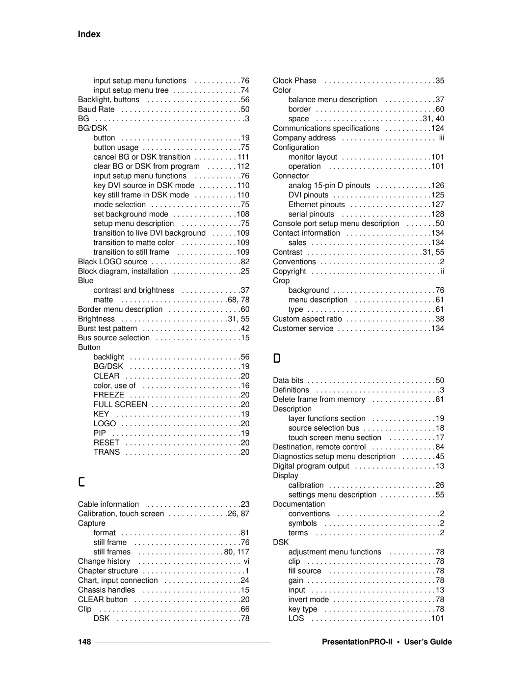 Barco 26-0405000-00 manual Index, 148 