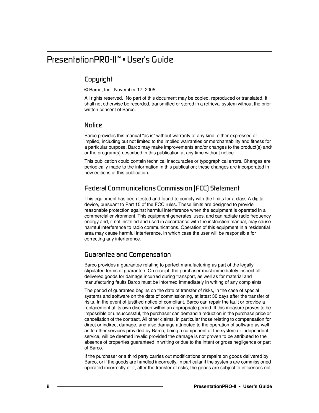 Barco 26-0405000-00 manual MêÉëÉåí~íáçåmolJff»=√=rëÉêÛë=dìáÇÉ, PresentationPRO-II User’s Guide 