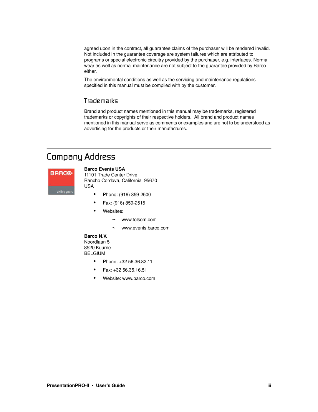 Barco 26-0405000-00 manual `çãé~åó=ÇÇêÉëë, Barco Events USA, Barco N.V, PresentationPRO-II User’s Guide Iii 