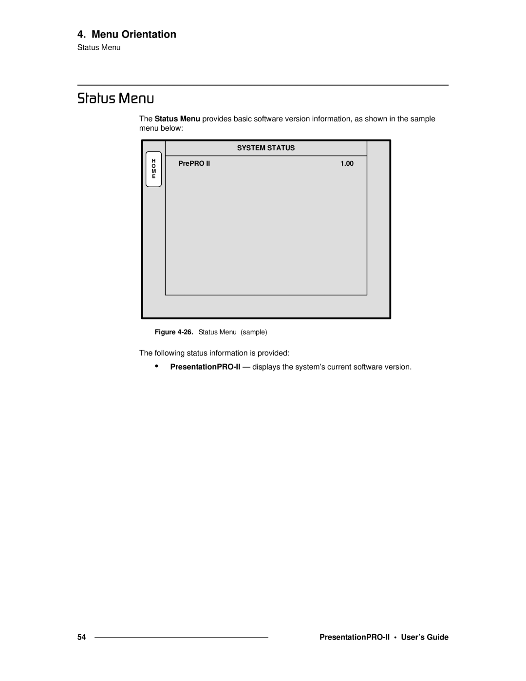 Barco 26-0405000-00 manual Pí~íìë=jÉåì, Status Menu sample 