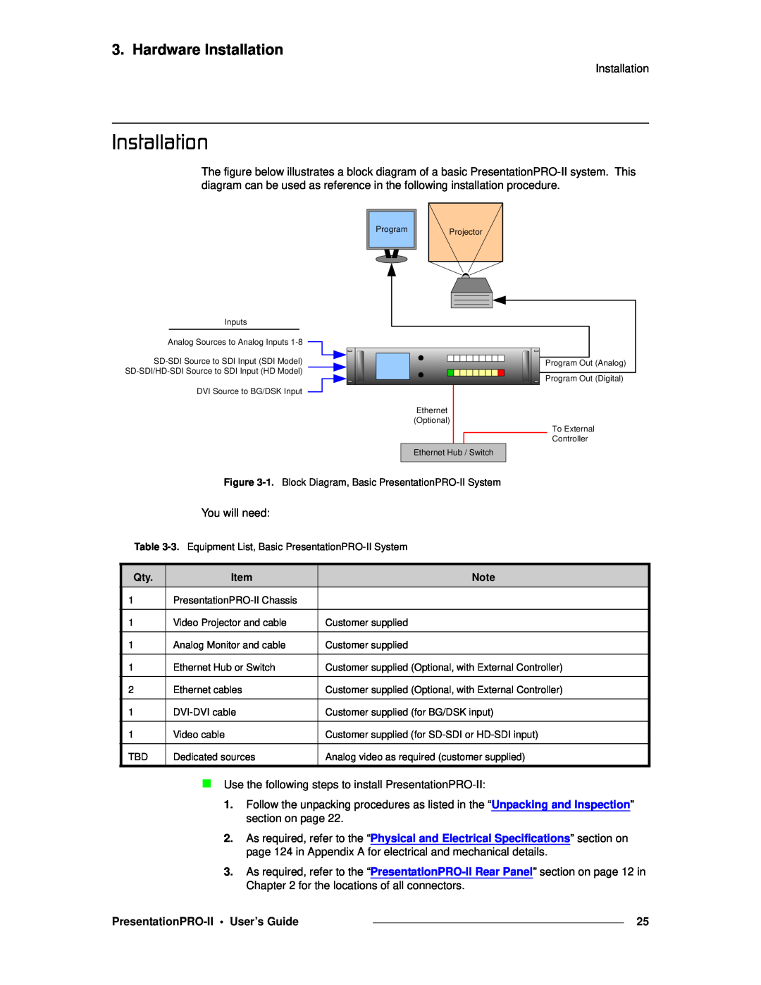 Barco 26-0405000-00 manual fåëí~ää~íáçå, Hardware Installation, PresentationPRO-II User’s Guide 