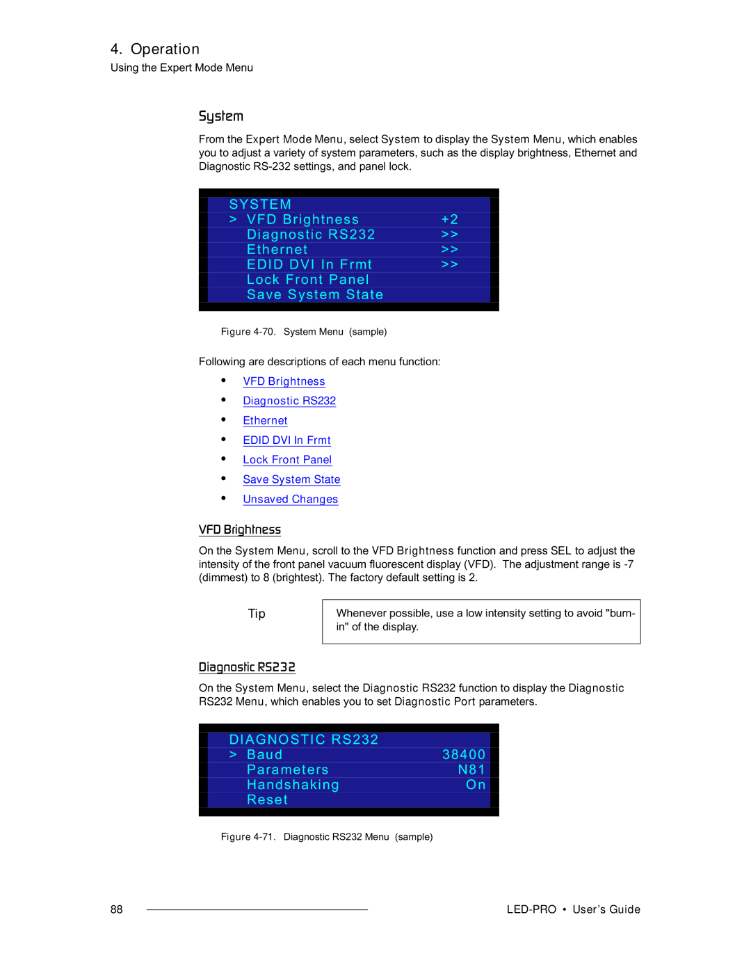 Barco 26-0501000-00, LED-PRO manual PóëíÉã, System, Diagnostic RS232, Baud 38400 Parameters N81 Handshaking Reset 