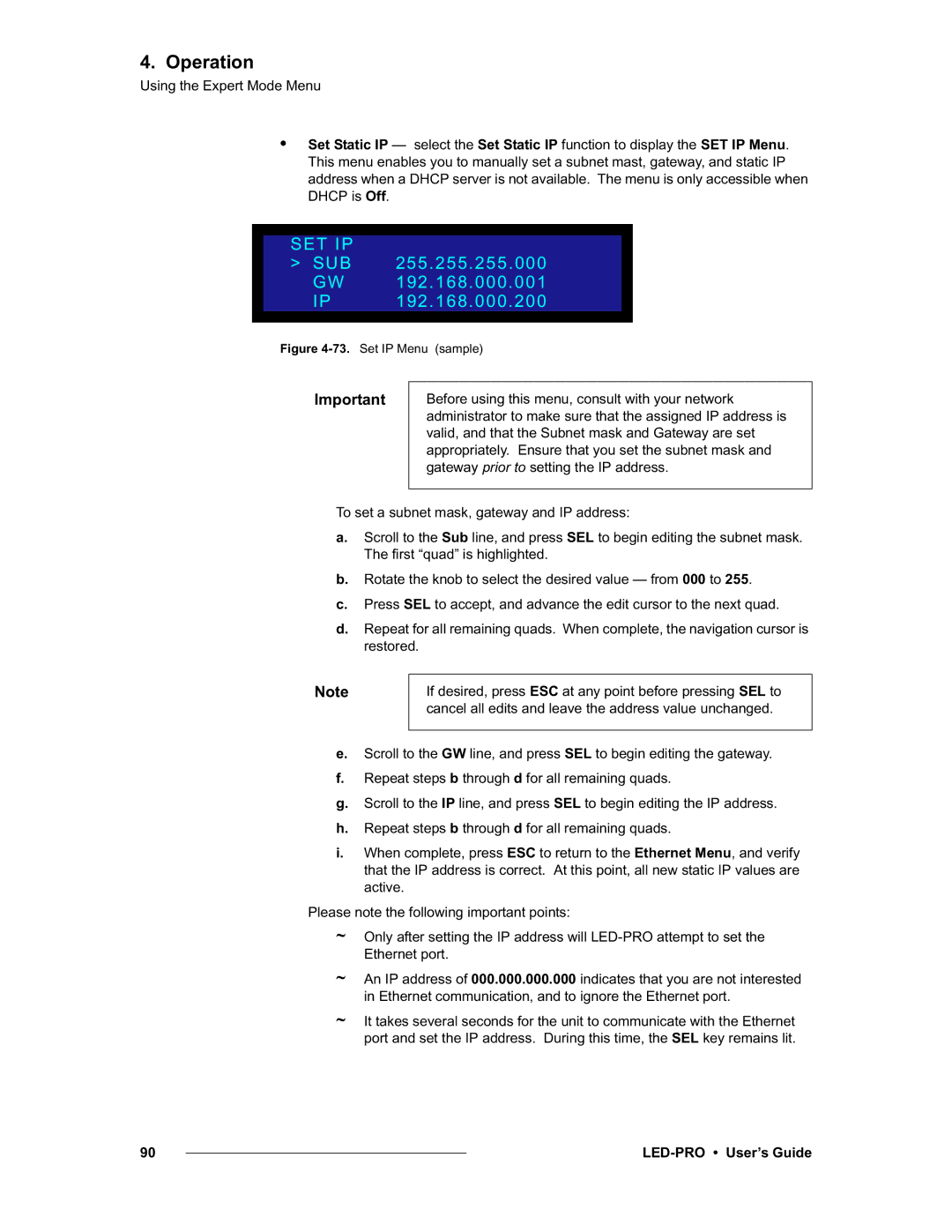 Barco 26-0501000-00, LED-PRO manual Set Ip Sub, 255.255.255.000 192.168.000.001 192.168.000.200 