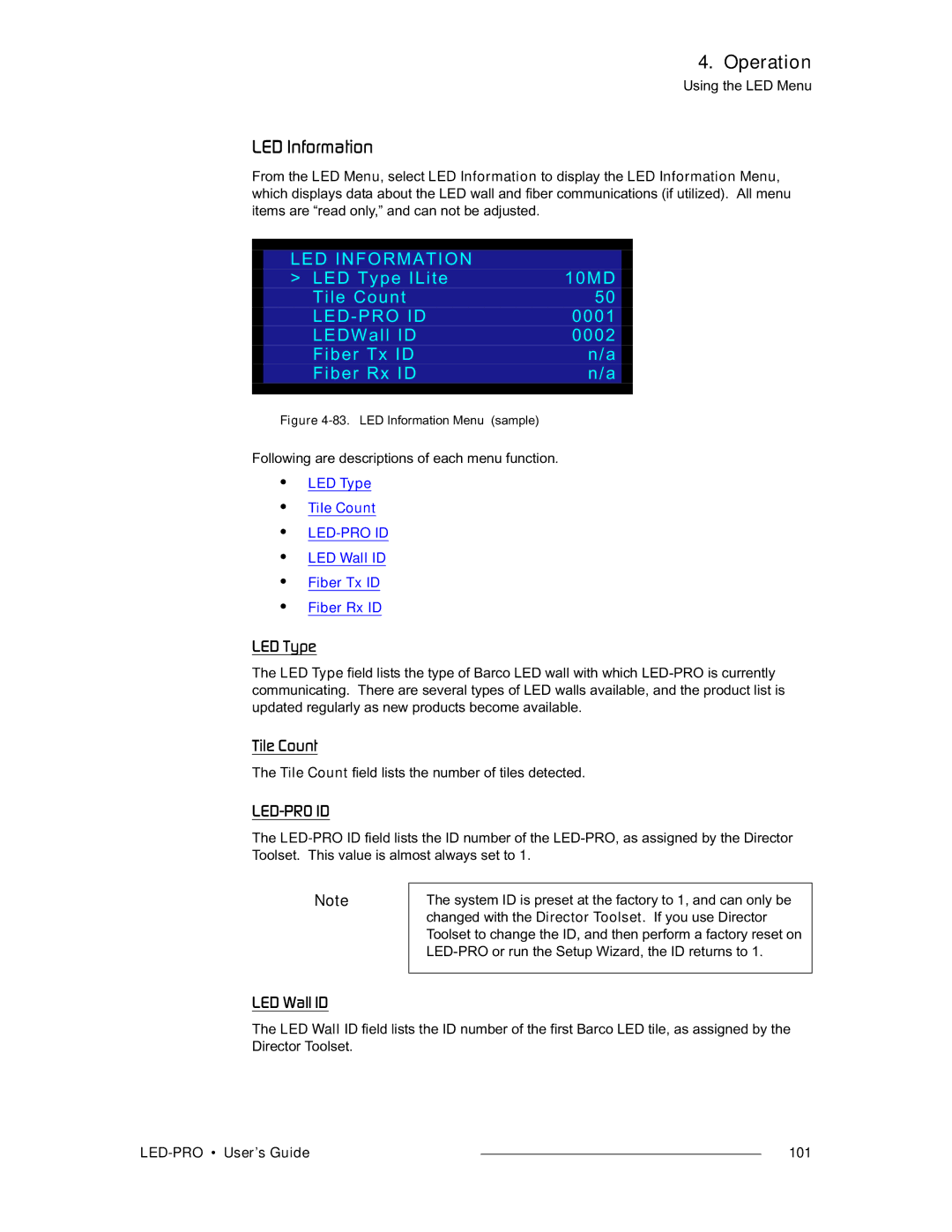 Barco LED-PRO, 26-0501000-00 manual Iba=fåÑçêã~íáçå, LED Information, LED Type ILite 10MD Tile Count, Led-Pro Id 