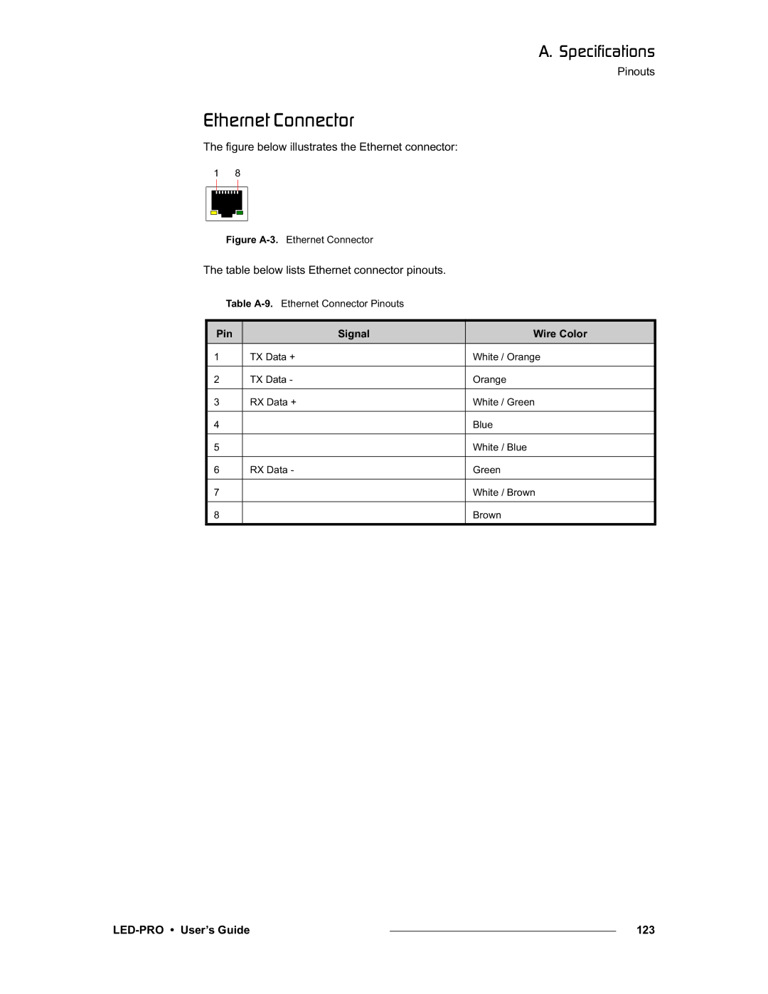 Barco 26-0501000-00 manual BíÜÉêåÉí=`çååÉÅíçê, Table below lists Ethernet connector pinouts, LED-PRO User’s Guide 123 