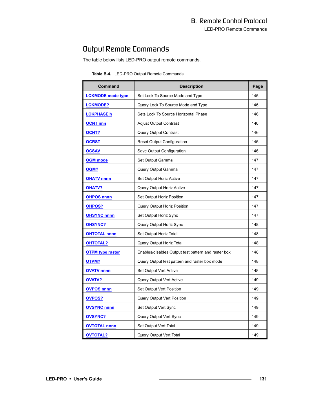 Barco 26-0501000-00 Lìíéìí=oÉãçíÉ=`çãã~åÇë, Table below lists LED-PRO output remote commands, LED-PRO User’s Guide 131 