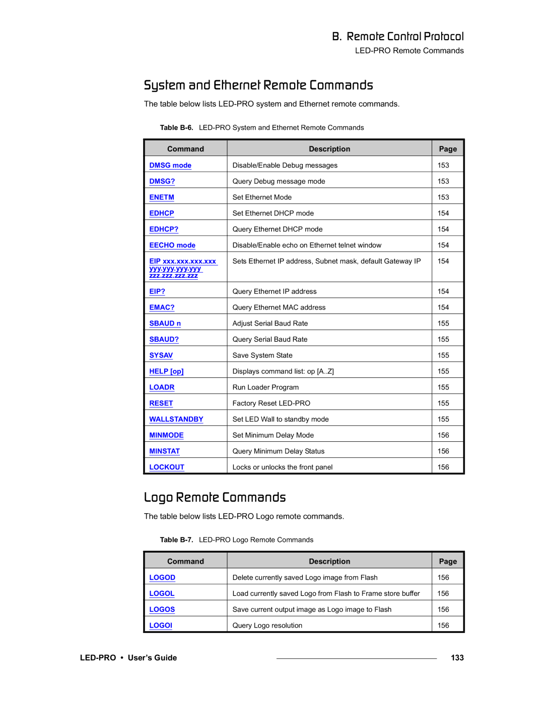 Barco manual PóëíÉã=~åÇ=bíÜÉêåÉí=oÉãçíÉ=`çãã~åÇë, IçÖç=oÉãçíÉ=`çãã~åÇë, Table below lists LED-PRO Logo remote commands 