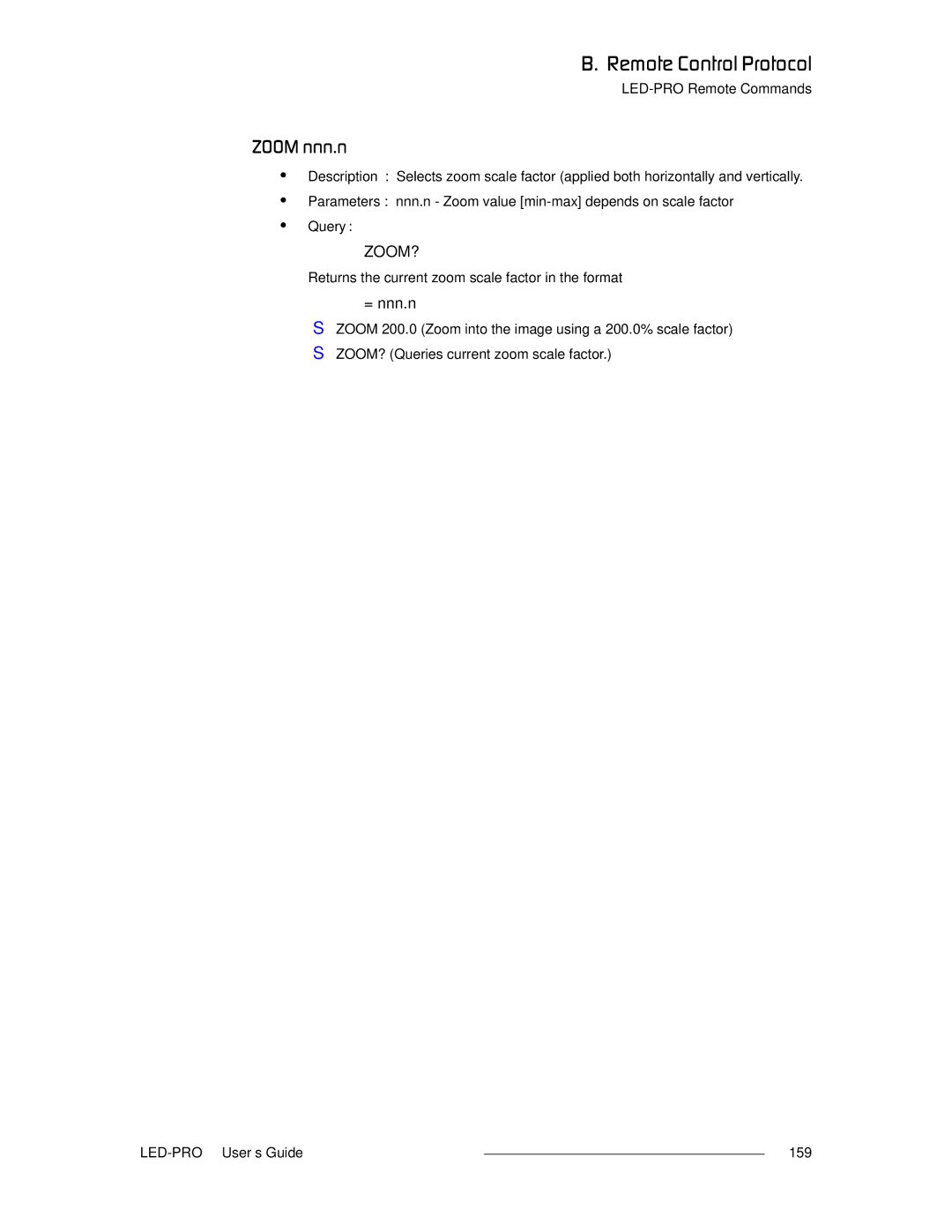 Barco 26-0501000-00 Wllj=åååKå, Zoom?, Returns the current zoom scale factor in the format, LED-PRO User’s Guide 159 