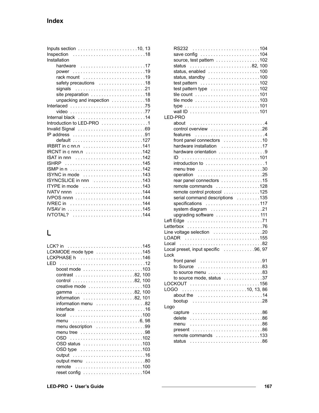 Barco 26-0501000-00 manual Inputs section Inspection, 155, 156, 10, 13, LED-PRO User’s Guide 167 