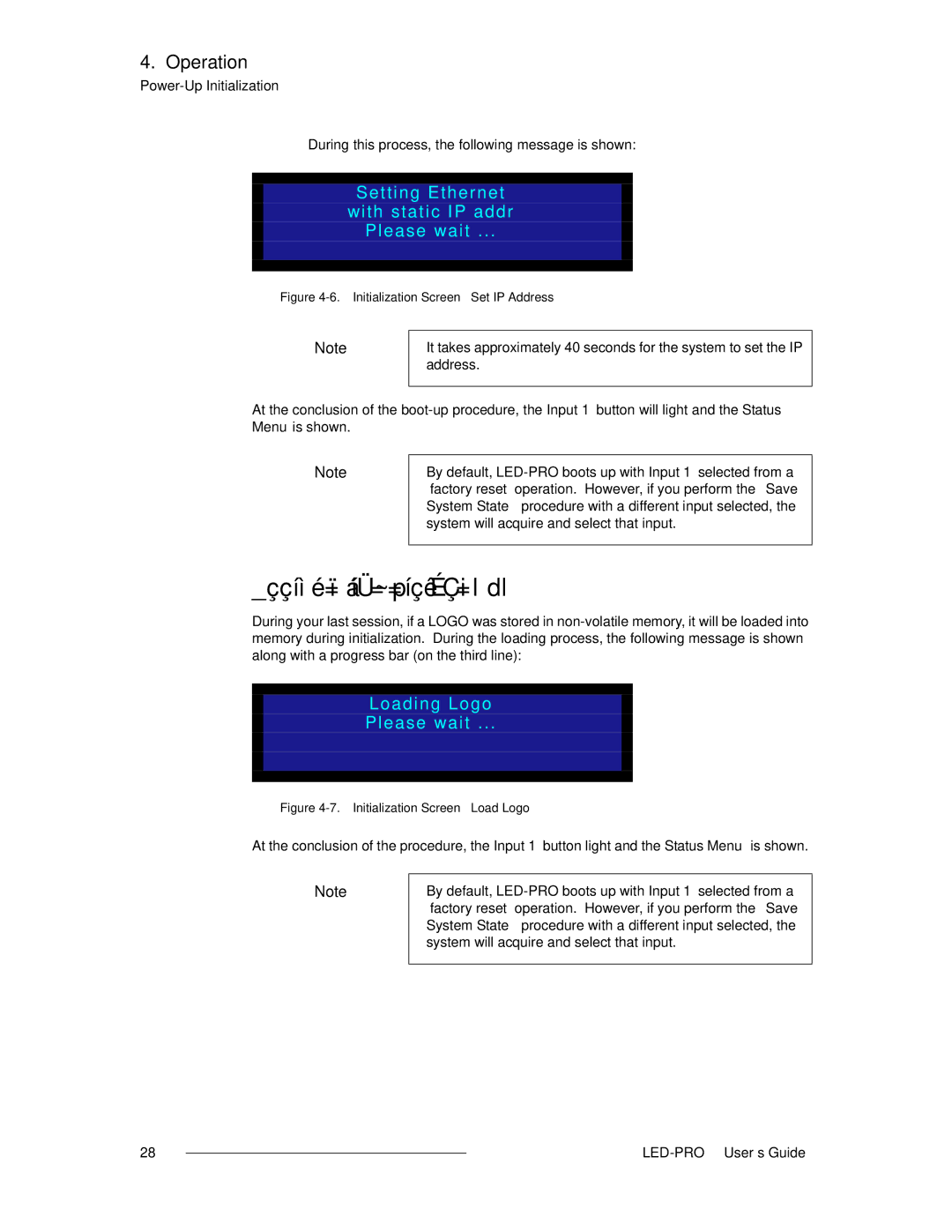 Barco 26-0501000-00 Ççíìé=ïáíÜ=~=píçêÉÇ=ildl, Setting Ethernet With static IP addr Please wait, Loading Logo Please wait 