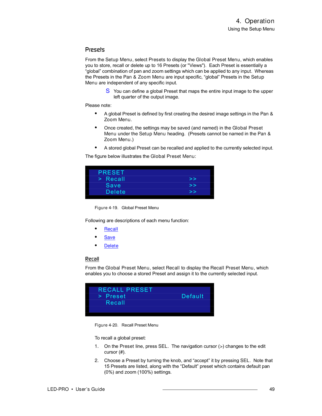 Barco LED-PRO, 26-0501000-00 manual MêÉëÉíë, Recall Save Delete, Recall Preset, PresetDefault Recall 
