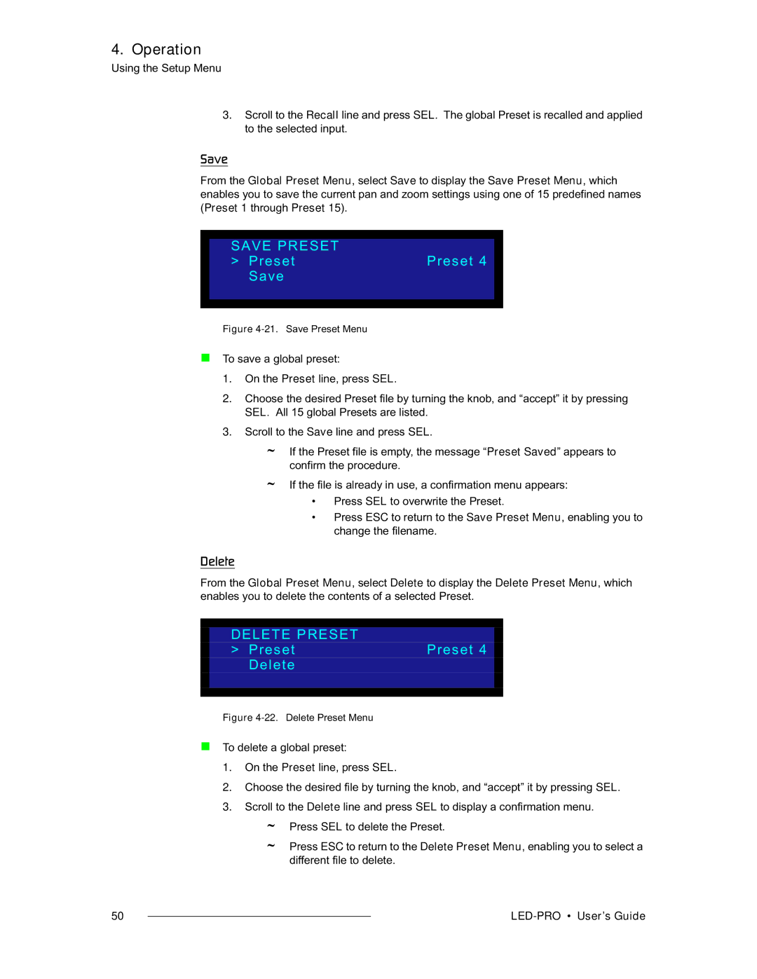 Barco 26-0501000-00, LED-PRO manual Save Preset, PresetPreset Save, Delete Preset, PresetPreset Delete 