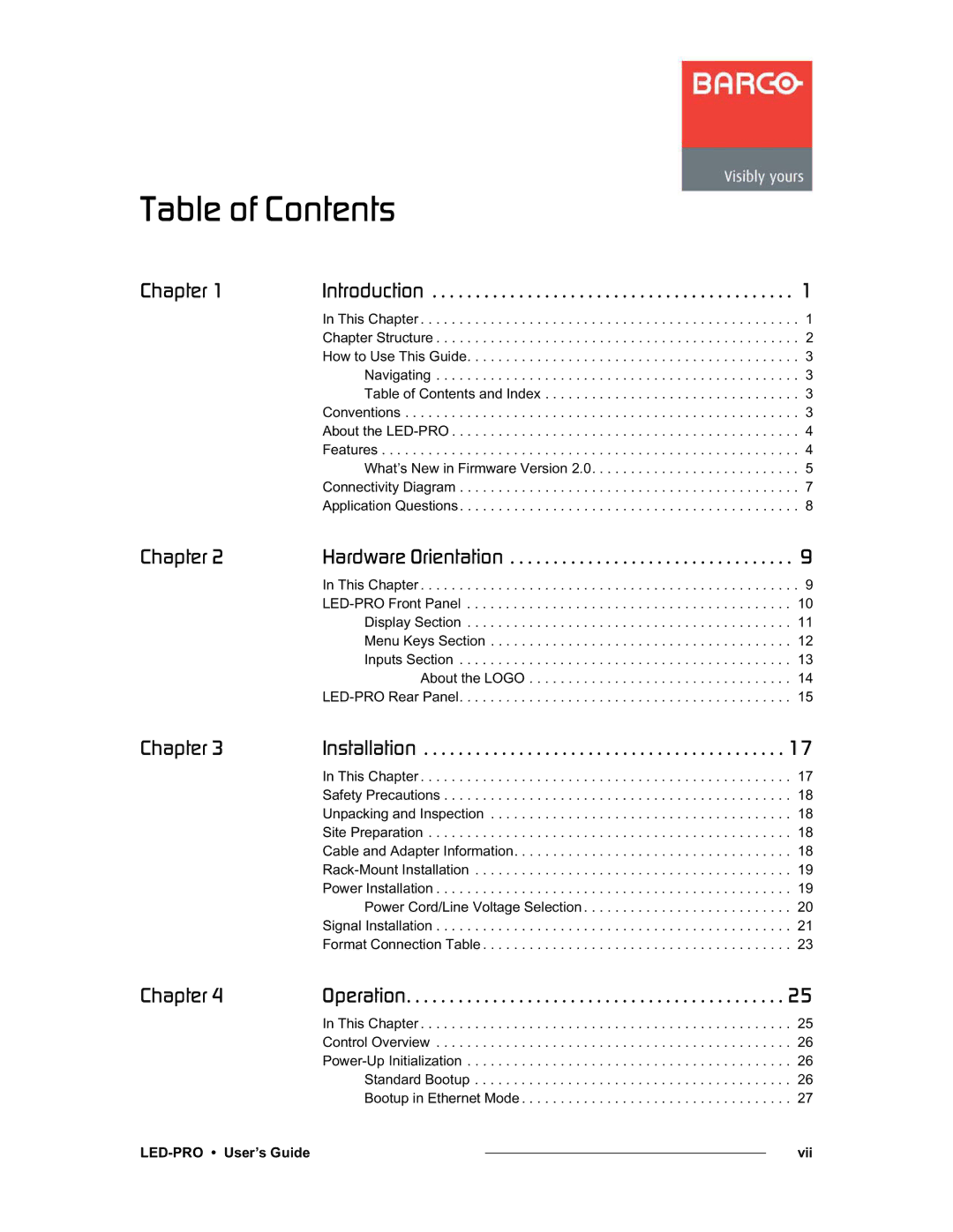 Barco 26-0501000-00 manual ~ÄäÉ=çÑ=`çåíÉåíë, LED-PRO User’s Guide Vii 