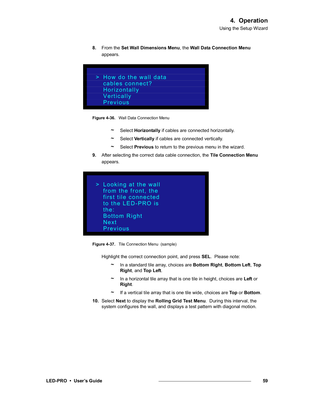 Barco LED-PRO, 26-0501000-00 manual Wall Data Connection Menu 